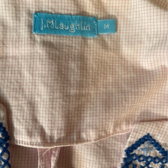 J. McLaughlin Embroidered V-Neck Tunic Lightweight Check Pink Blue Sz M Preppy - Picture 12 of 15